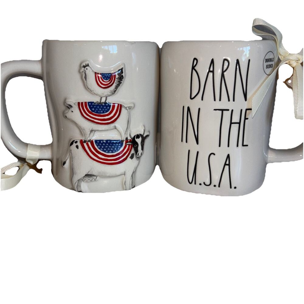 Rae Dunn Barn In The USA Patriotic 4th of July Chicken Pig Cow Stack Coffee Mug